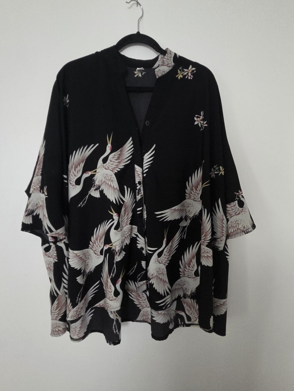 Black Crane Print Kimono Shirt